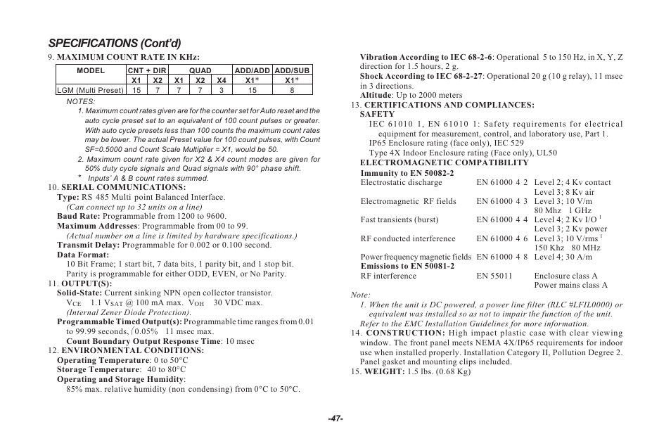 Specifications (cont’d) | Red Lion LEGEND User Manual | Page 49 / 64