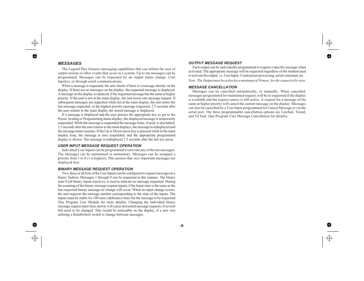 Messages 8, User input message request operation 8, Binary message request operation 8 | Output message request 8, Message cancellation 8 | Red Lion LEGEND User Manual | Page 10 / 75