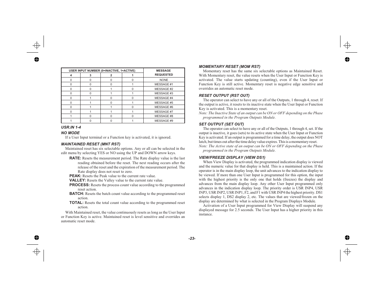 No mode 23, Maintained reset (mnt rst) 23, Momentary reset (mom rst) 23 | Reset output (rst out) 23, Set output (set out) 23, View/freeze display (view ds1) 23 | Red Lion LEGEND User Manual | Page 25 / 75