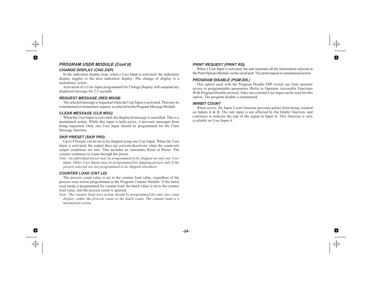 Change display (chg dsp) 24, Request message (req msg#) 24, Clear message (clr msg) 24 | Skip preset (skip prs) 24, Counter load (cnt ld) 24, Print request (print rq) 24, Program disable (pgm.dis.) 24, Inhibit count 24 | Red Lion LEGEND User Manual | Page 26 / 75