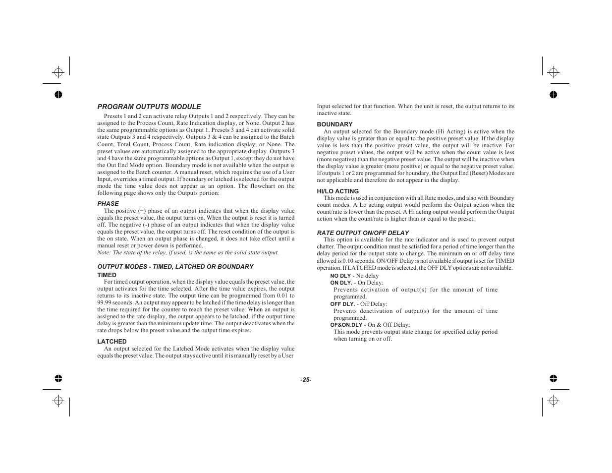 Program outputs module 25, Phase 25, Output modes - timed, latched or boundary 25 | Rate output on/off delay 25 | Red Lion LEGEND User Manual | Page 27 / 75