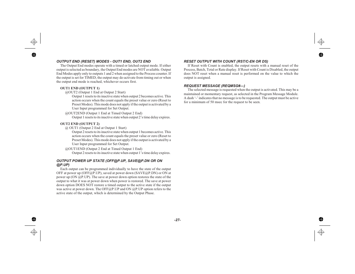 Output end (reset) modes - out1 end, out2 end 27, Reset output with count (rst/c-en or ds) 27, Request message (reqmsg#—) 27 | Red Lion LEGEND User Manual | Page 29 / 75