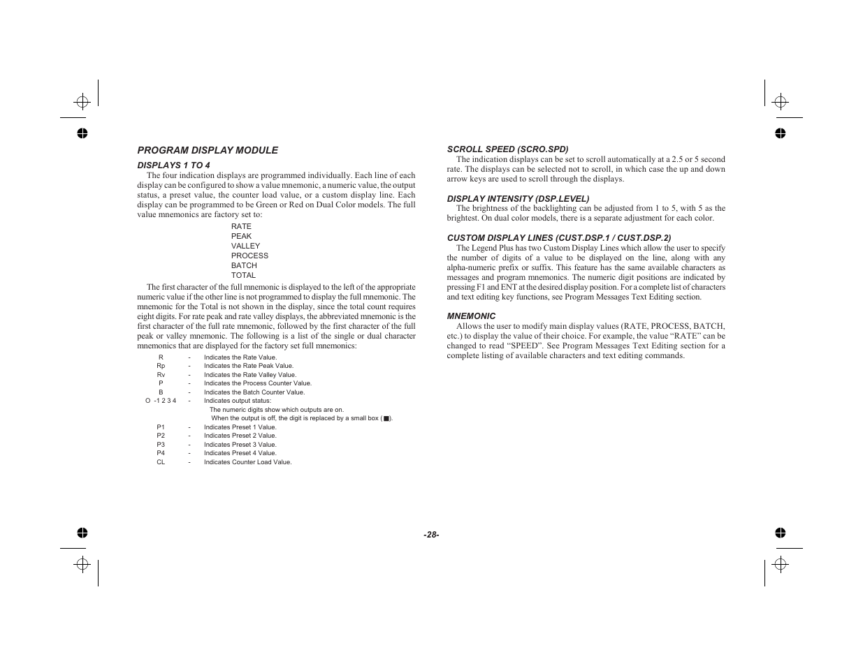 Program display module 28, Displays 1 to 4 28, Scroll speed (scro.spd) 28 | Display intensity (dsp.level) 28, Custom display lines (cust.dsp.1 / cust.dsp.2) 28, Mnemonic 28 | Red Lion LEGEND User Manual | Page 30 / 75