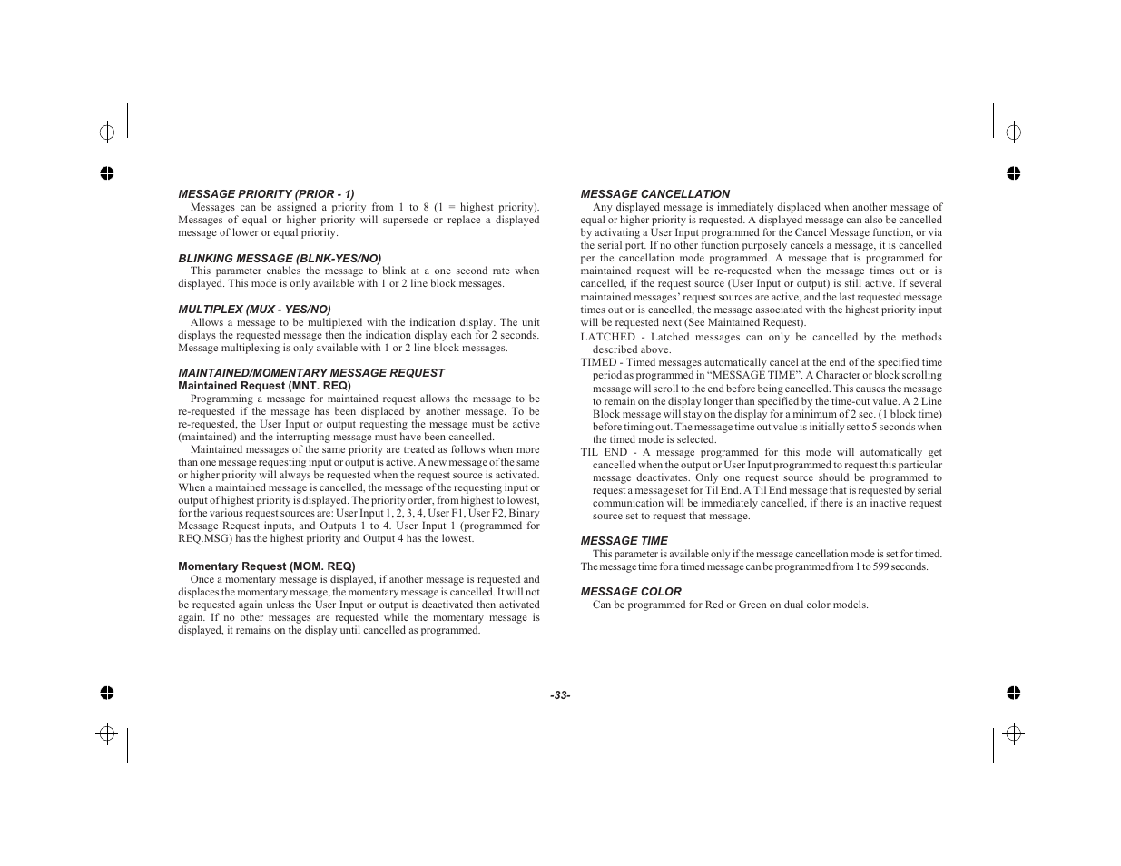 Message priority (prior - 1) 33, Blinking message (blnk-yes/no) 33, Multiplex (mux - yes/no) 33 | Maintained/momentary message request 33, Message cancellation 33, Message time 33, Message color 33 | Red Lion LEGEND User Manual | Page 35 / 75