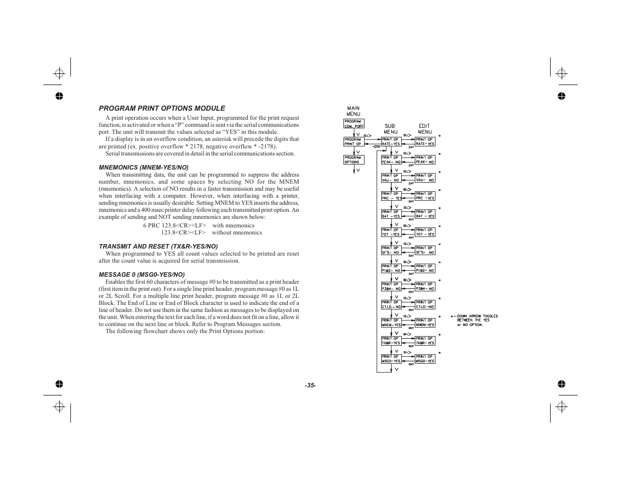 Program print options module 35, Mnemonics (mnem-yes/no) 35, Transmit and reset (tx&r-yes/no) 35 | Message 0 (msg0-yes/no) 35 | Red Lion LEGEND User Manual | Page 37 / 75