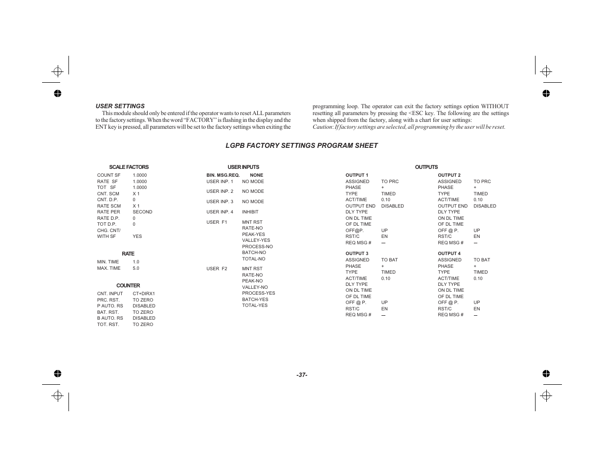 User settings 37, Lgpb factory settings program sheet 37 | Red Lion LEGEND User Manual | Page 39 / 75