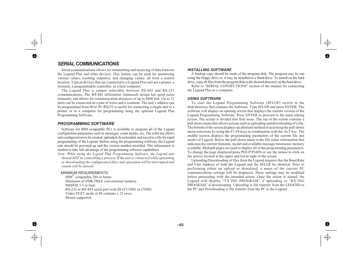 Serial communications 42, Programming software 42, Installing software 42 | Using software 42, Serial communications | Red Lion LEGEND User Manual | Page 44 / 75