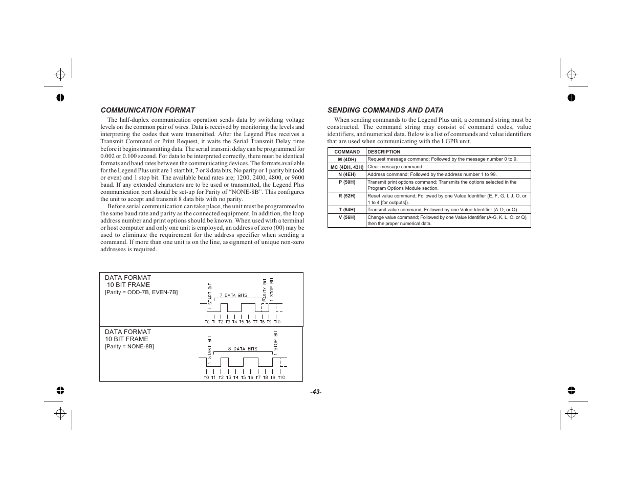 Communication format 43, Sending commands and data 43 | Red Lion LEGEND User Manual | Page 45 / 75