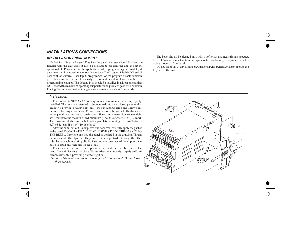 Installation & connections 50, Installation & connections | Red Lion LEGEND User Manual | Page 52 / 75