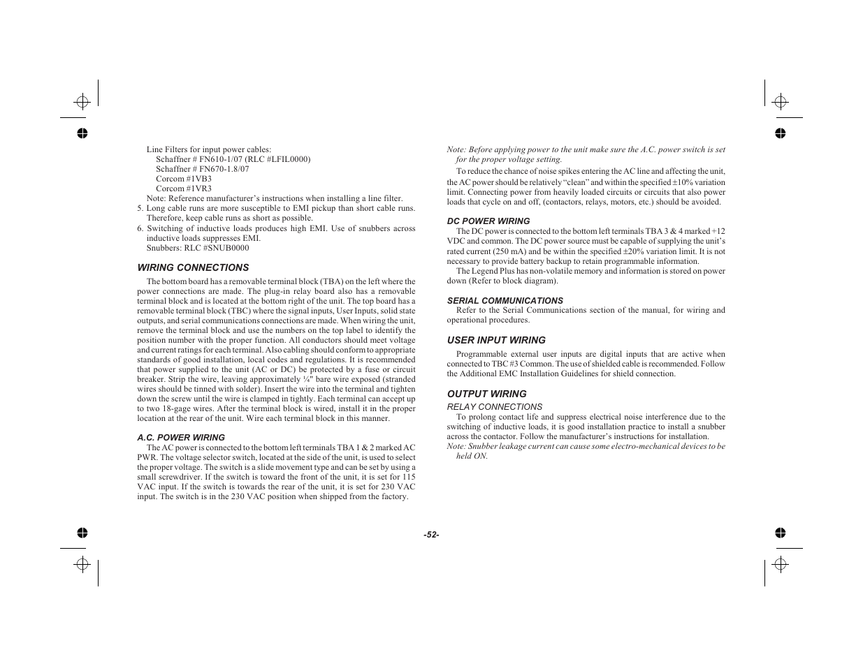 Wiring connections 52, A.c. power wiring 52, Dc power wiring 52 | Serial communications 52, User input wiring 52, Output wiring 52 | Red Lion LEGEND User Manual | Page 54 / 75