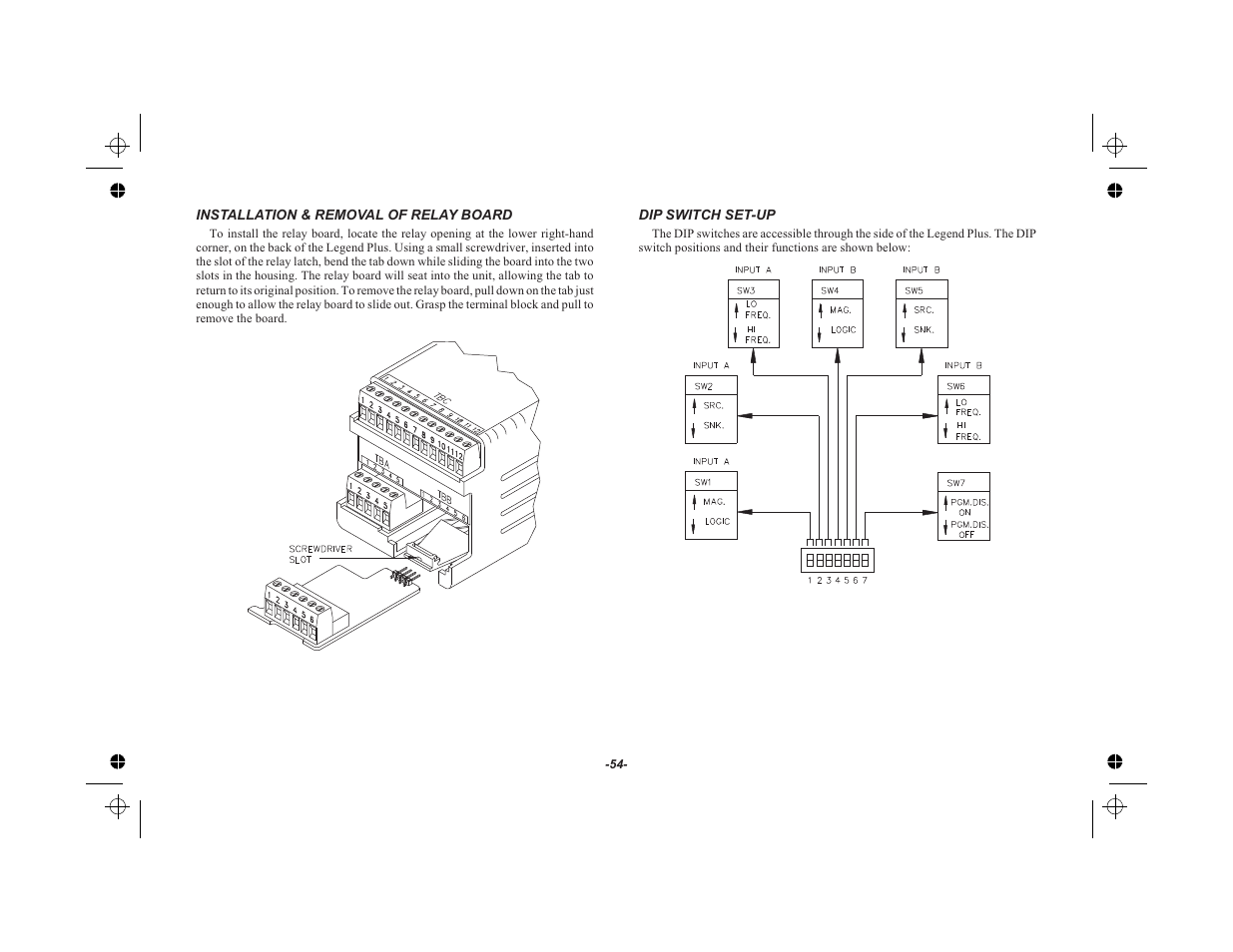 Installation & removal of relay board 54, Dip switch set-up 54 | Red Lion LEGEND User Manual | Page 56 / 75