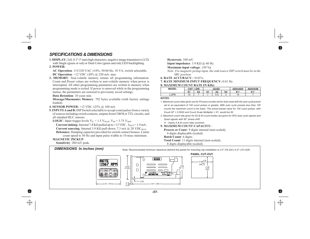 Specifications & dimensions 57, Specifications & dimensions | Red Lion LEGEND User Manual | Page 59 / 75