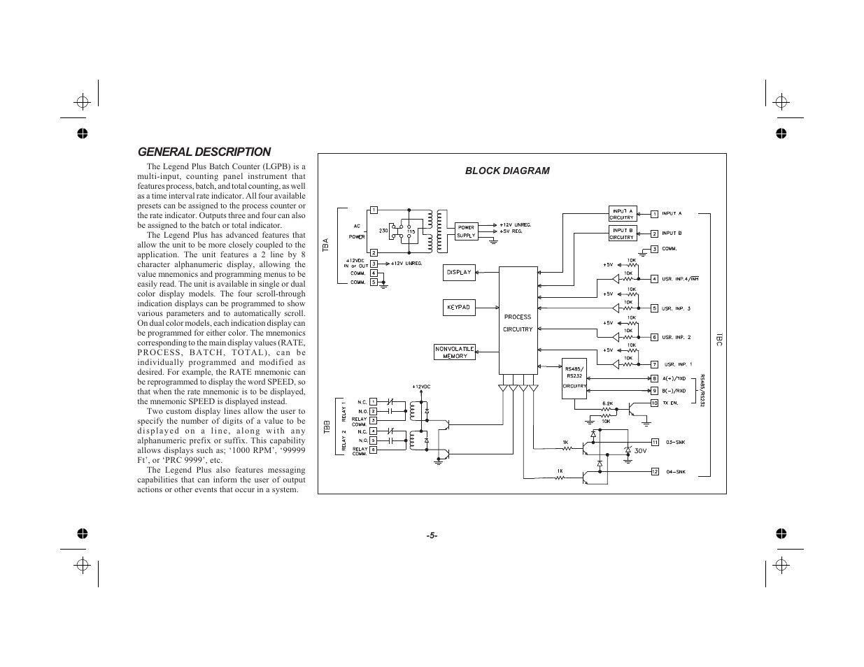 General description 5, Block diagram 5, General description | Red Lion LEGEND User Manual | Page 7 / 75