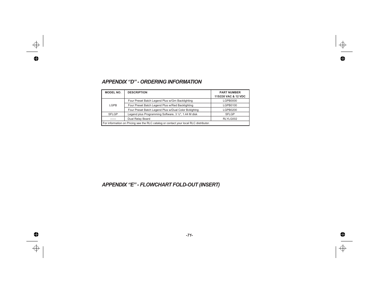 Appendix “d” - ordering information 71, Appendix “d” - ordering information, Appendix “e” - flowchart fold-out (insert) | Red Lion LEGEND User Manual | Page 73 / 75