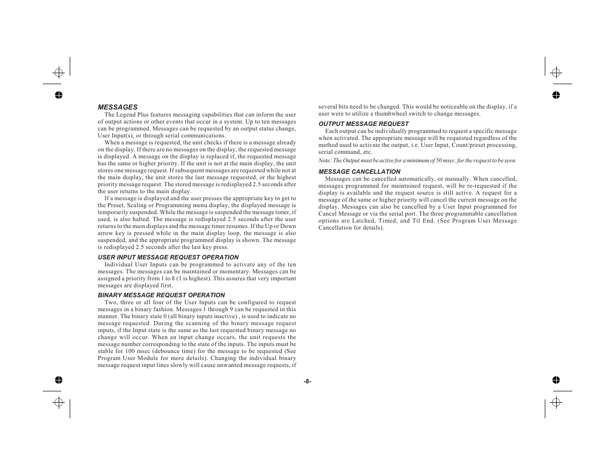 Messages 8, User input message request operation 8, Binary message request operation 8 | Output message request 8, Message cancellation 8 | Red Lion LEGEND User Manual | Page 10 / 76