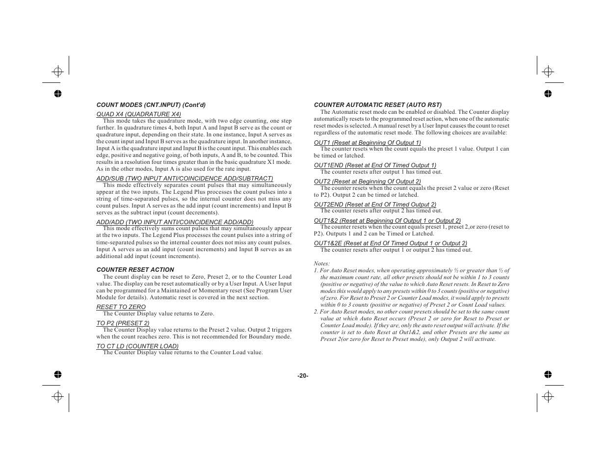 Counter reset action 20, Counter automatic reset (auto rst) 20 | Red Lion LEGEND User Manual | Page 22 / 76
