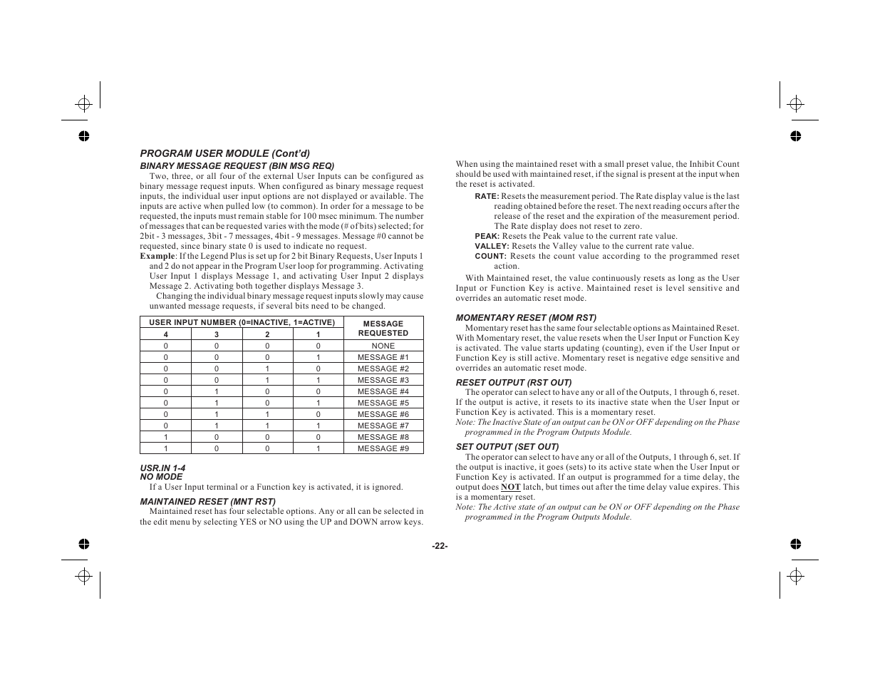 Binary message request (bin msg req) 22, No mode 22, Maintained reset (mnt rst) 22 | Momentary reset (mom rst) 22, Reset output (rst out) 22, Set output (set out) 22 | Red Lion LEGEND User Manual | Page 24 / 76