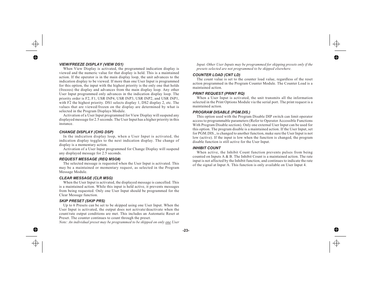 View/freeze display (view ds1) 23, Change display (chg dsp) 23, Request message (req msg#) 23 | Clear message (clr msg) 23, Skip preset (skip prs) 23, Counter load (cnt ld) 23, Print request (print rq) 23, Program disable (pgm.dis.) 23, Inhibit count 23 | Red Lion LEGEND User Manual | Page 25 / 76