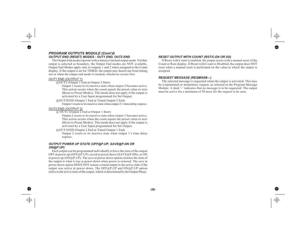 Output end (reset) modes - out1 end, out2 end 26, Reset output with count (rst/c-en or ds) 26, Request message (reqmsg#—) 26 | Red Lion LEGEND User Manual | Page 28 / 76