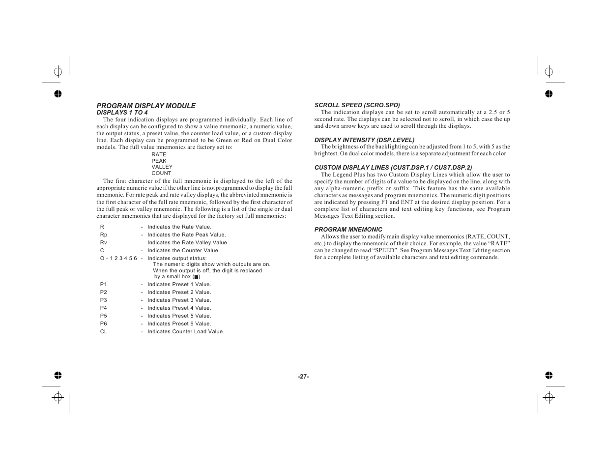 Program display module 27, Displays 1 to 4 27, Scroll speed (scro.spd) 27 | Display intensity (dsp.level) 27, Custom display lines (cust.dsp.1 / cust.dsp.2) 27, Program mnemonic 27 | Red Lion LEGEND User Manual | Page 29 / 76