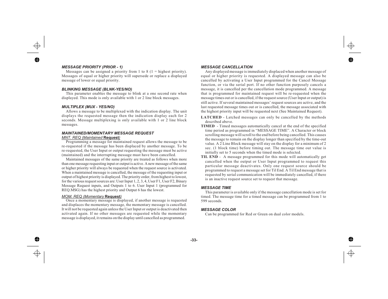 Message priority (prior - 1) 33, Blinking message (blnk-yes/no) 33, Multiplex (mux - yes/no) 33 | Maintained/momentary message request 33, Message cancellation 33, Message time 33, Message color 33 | Red Lion LEGEND User Manual | Page 35 / 76