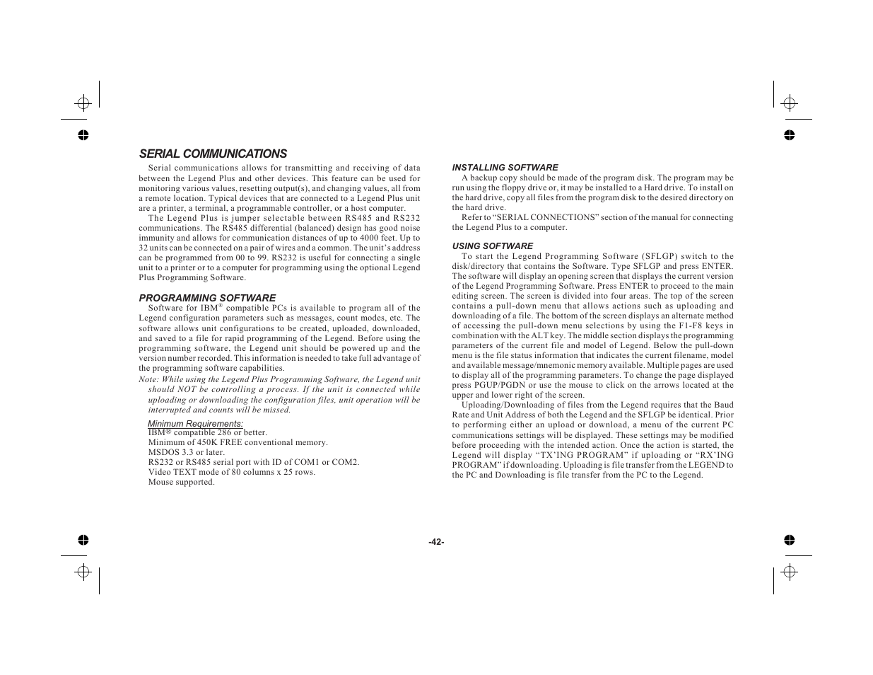 Serial communications 42, Programming software 42, Installing software 42 | Using software 42, Serial communications | Red Lion LEGEND User Manual | Page 44 / 76