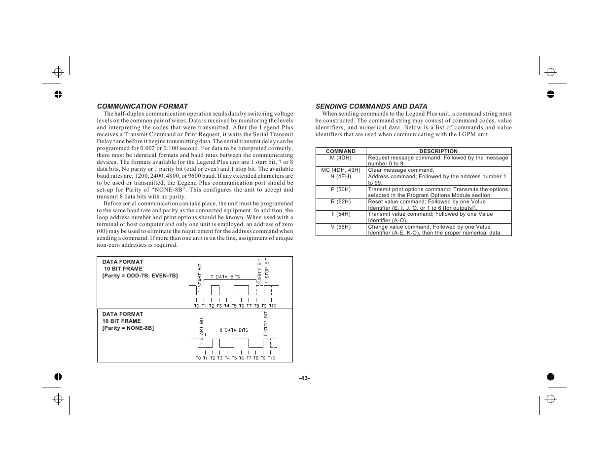 Communication format 43, Sending commands and data 43 | Red Lion LEGEND User Manual | Page 45 / 76