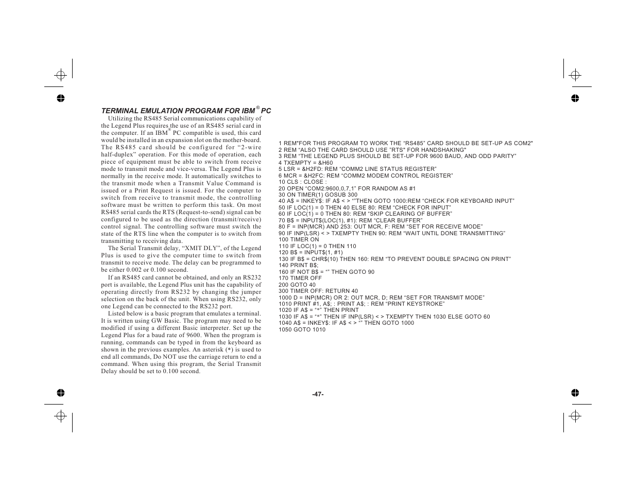 Terminal emulation program for ibm ® pc 47 | Red Lion LEGEND User Manual | Page 49 / 76