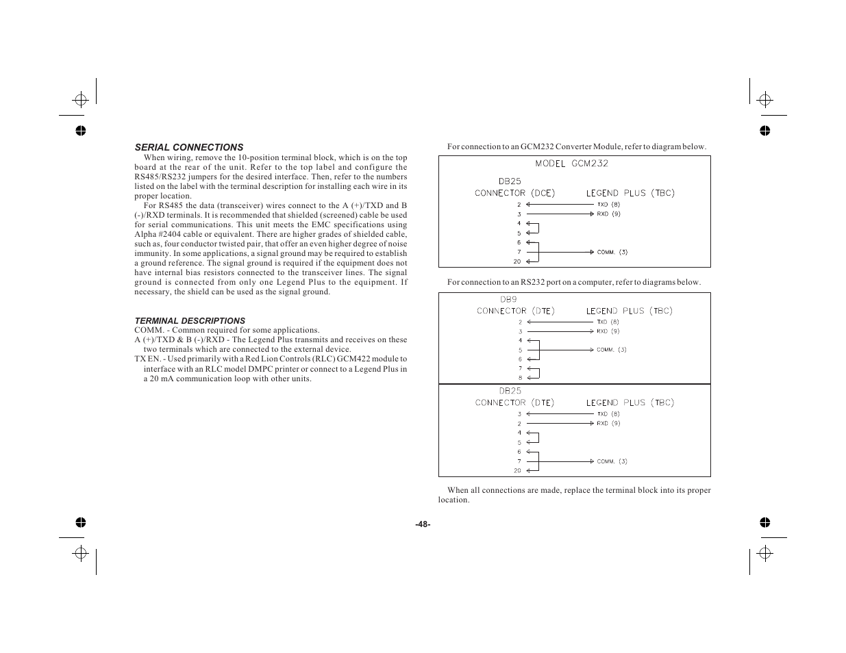 Serial connections 48, Terminal descriptions 48 | Red Lion LEGEND User Manual | Page 50 / 76
