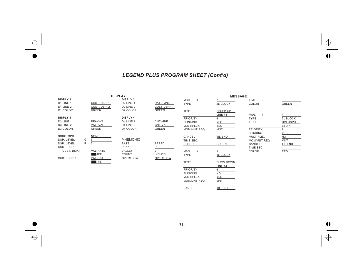 Appendix “c” - application 69, Legend plus program sheet (cont’d) | Red Lion LEGEND User Manual | Page 73 / 76