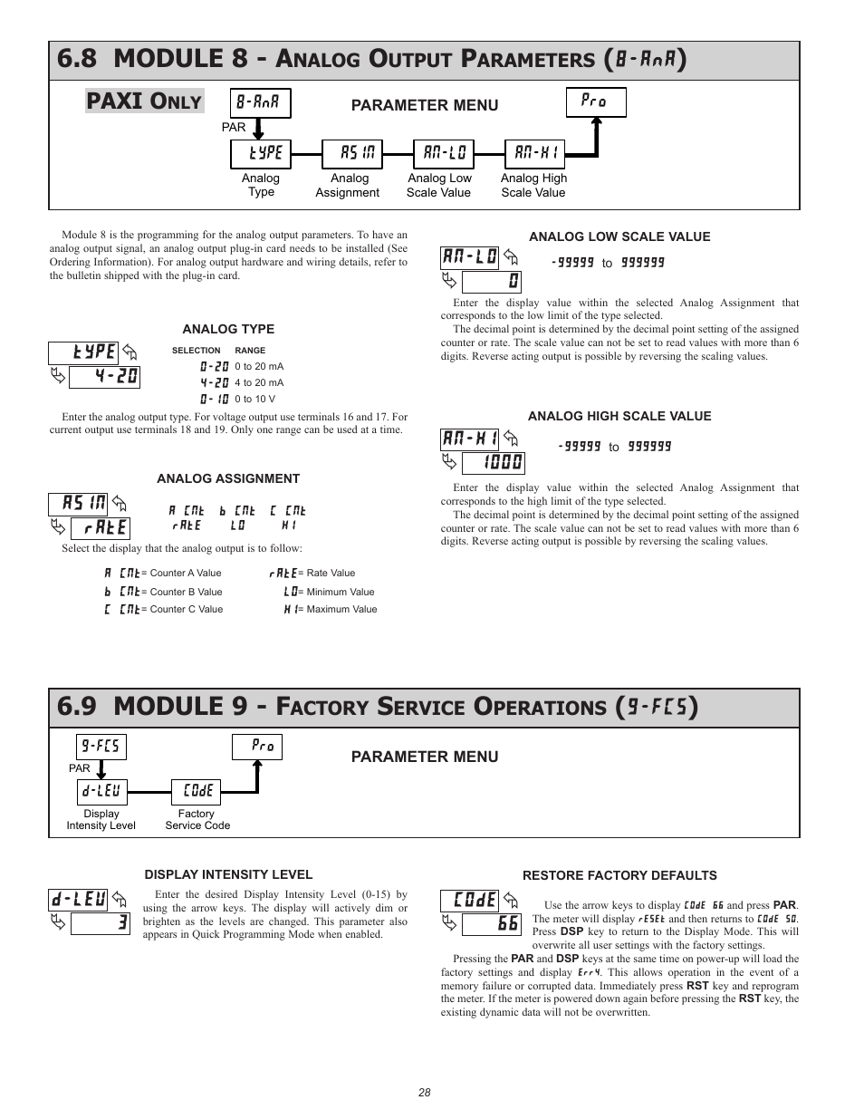 8 module 8 - a, 9 module 9 - f, Paxi o | Pro 8-ana asin, Type an-lo an-hi, Nalog, Utput, Arameters, Actory, Ervice | Red Lion PAXR User Manual | Page 28 / 32