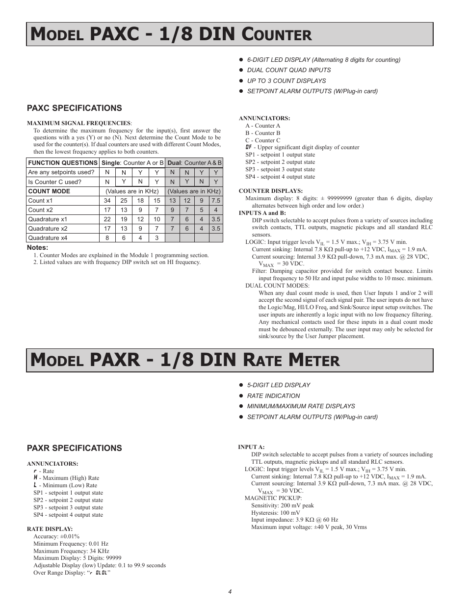 Paxc - 1/8 din c, Paxr - 1/8 din r, Odel | Ounter, Eter, Paxr specifications, Paxc specifications | Red Lion PAXR User Manual | Page 4 / 32
