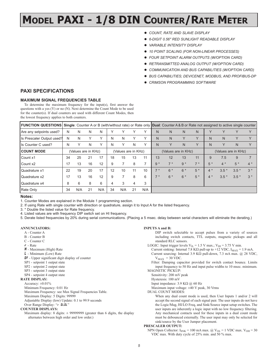Paxi - 1/8 din c, Odel, Ounter | Eter, Paxi specifications | Red Lion PAXR User Manual | Page 5 / 32