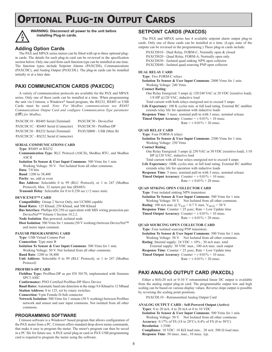 Ptional, Utput, Ards | Adding option cards, Paxi communication cards (paxcdc), Setpoint cards (paxcds), Paxi analog output card (paxcdl) | Red Lion PAXR User Manual | Page 6 / 32