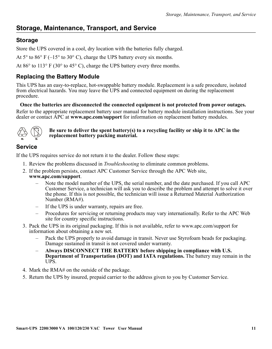 Storage, maintenance, transport, and service | American Power Conversion 2200 VA User Manual | Page 11 / 17