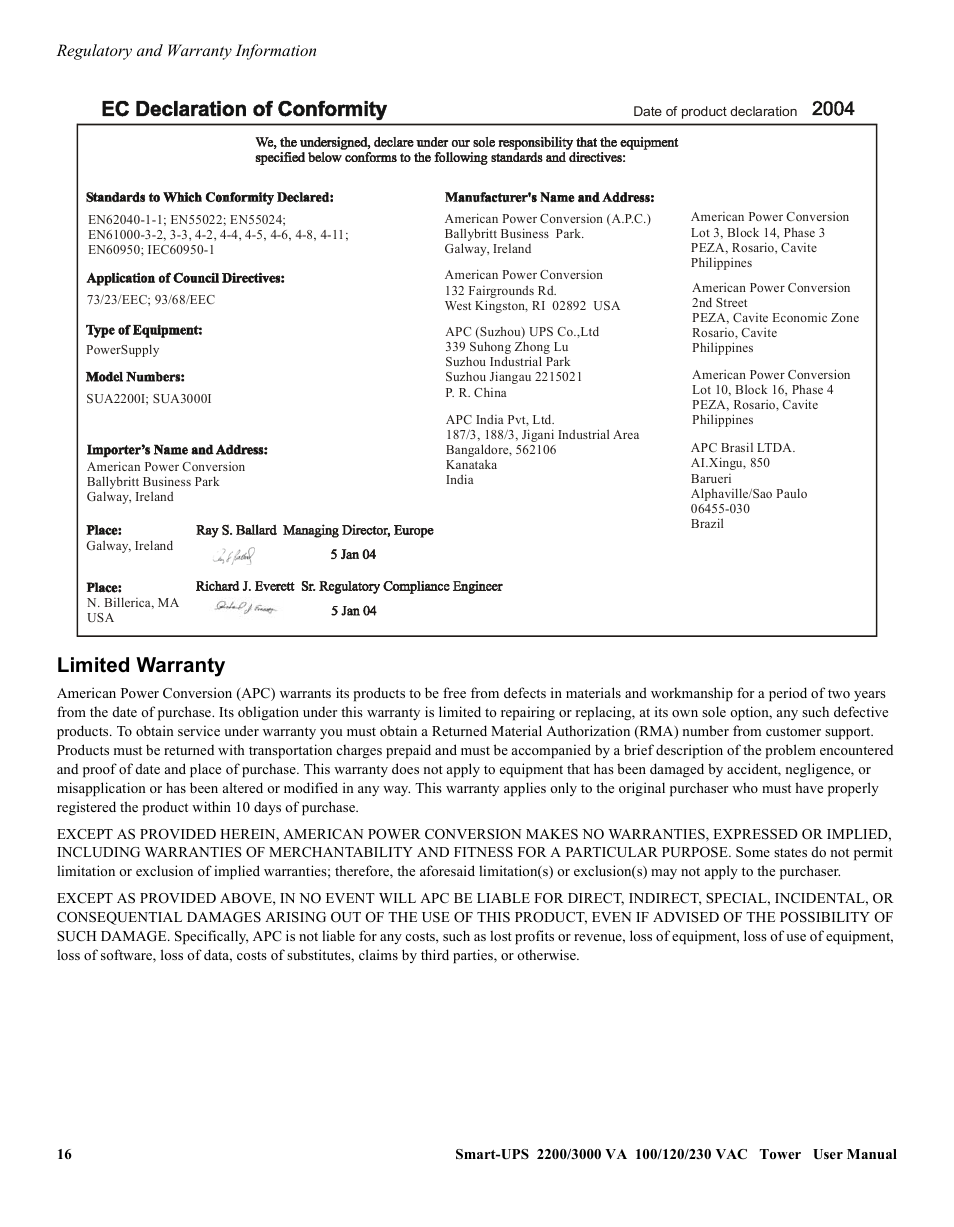 Limited warranty | American Power Conversion 2200 VA User Manual | Page 16 / 17