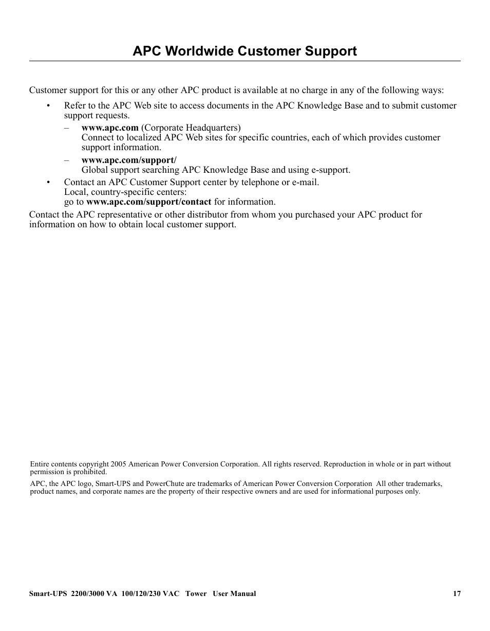 Apc worldwide customer support | American Power Conversion 2200 VA User Manual | Page 17 / 17