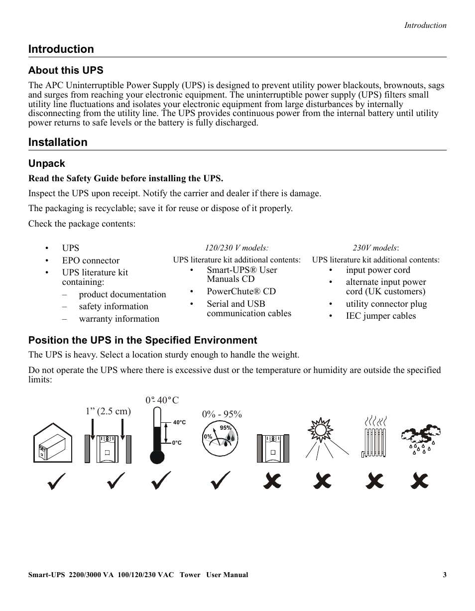 Introduction, Installation | American Power Conversion 2200 VA User Manual | Page 3 / 17