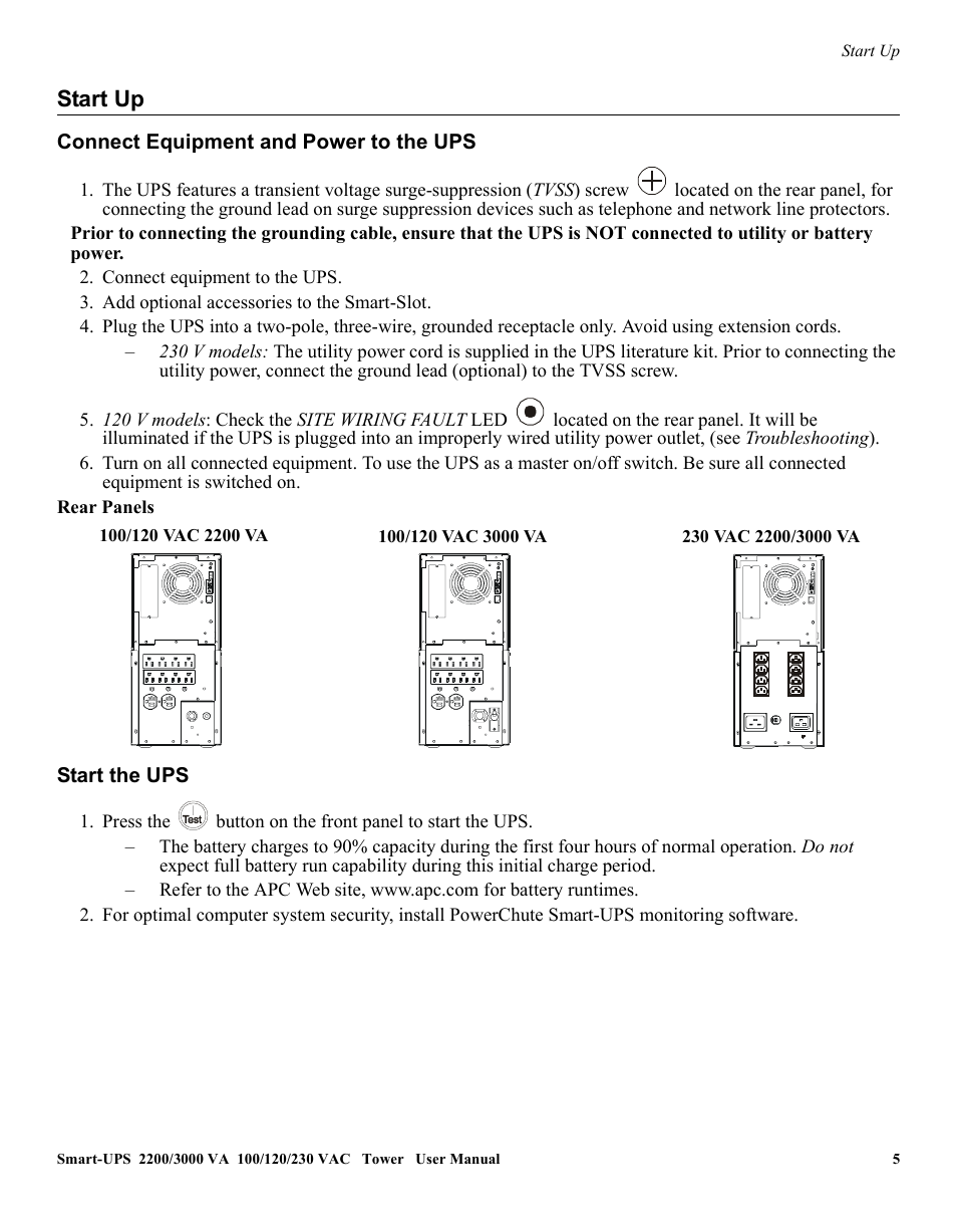 Start up | American Power Conversion 2200 VA User Manual | Page 5 / 17