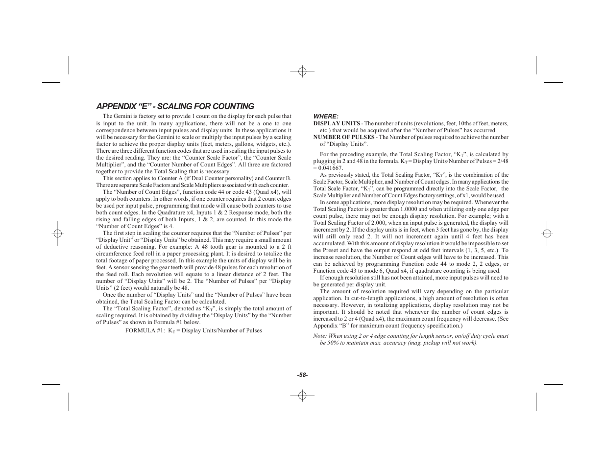 Appendix “e” - scaling for counting | Red Lion GEMINI 42 User Manual | Page 60 / 74