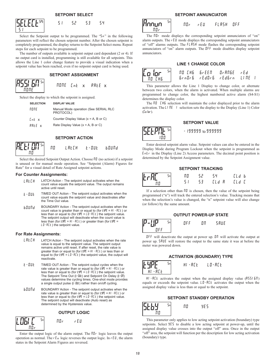 Select, Assign, Action | Logic, Annun, Color, Setpnt, Trac, P-up, Type | Red Lion PAX2D User Manual | Page 18 / 36