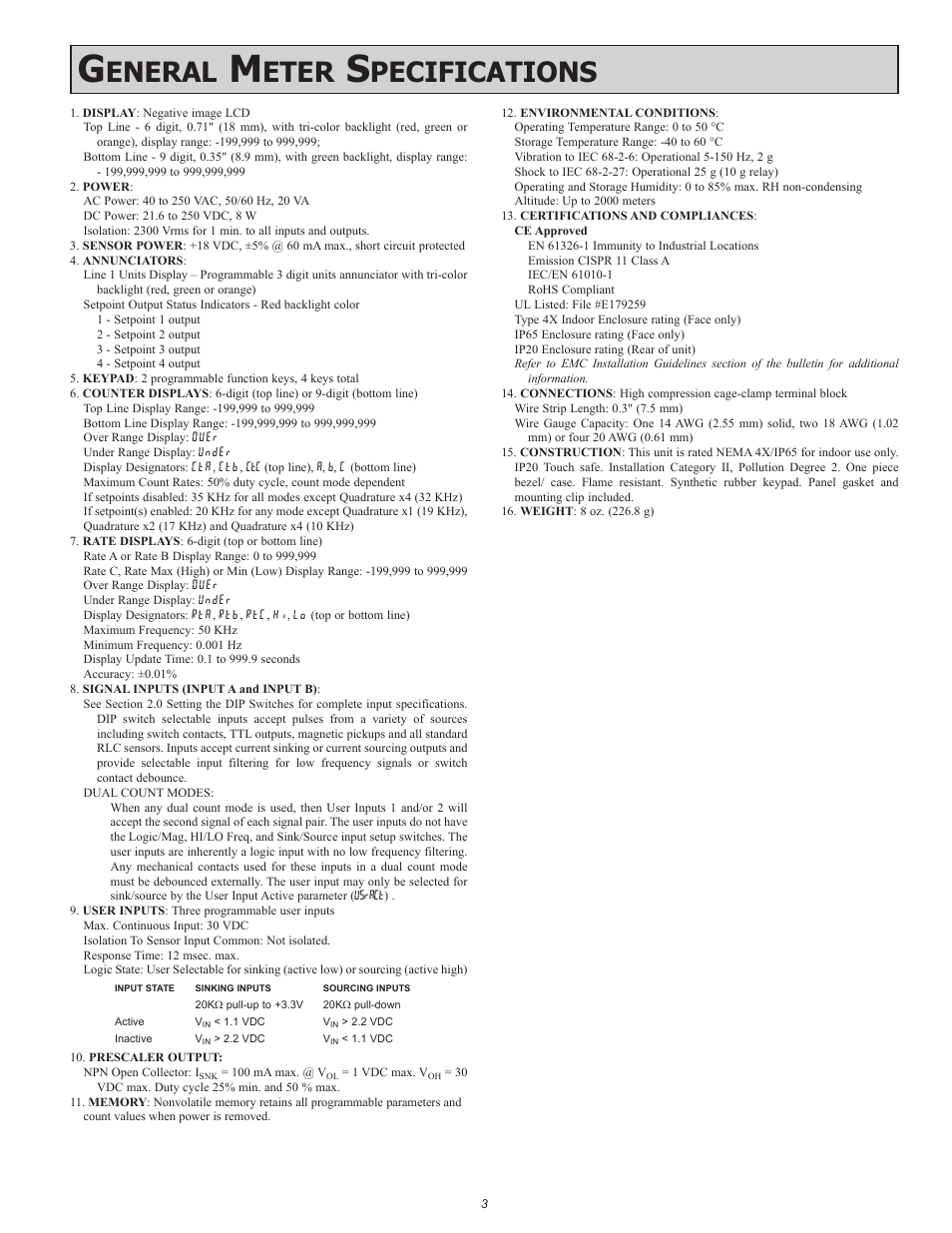 Eneral, Eter, Pecifications | Red Lion PAX2D User Manual | Page 3 / 36