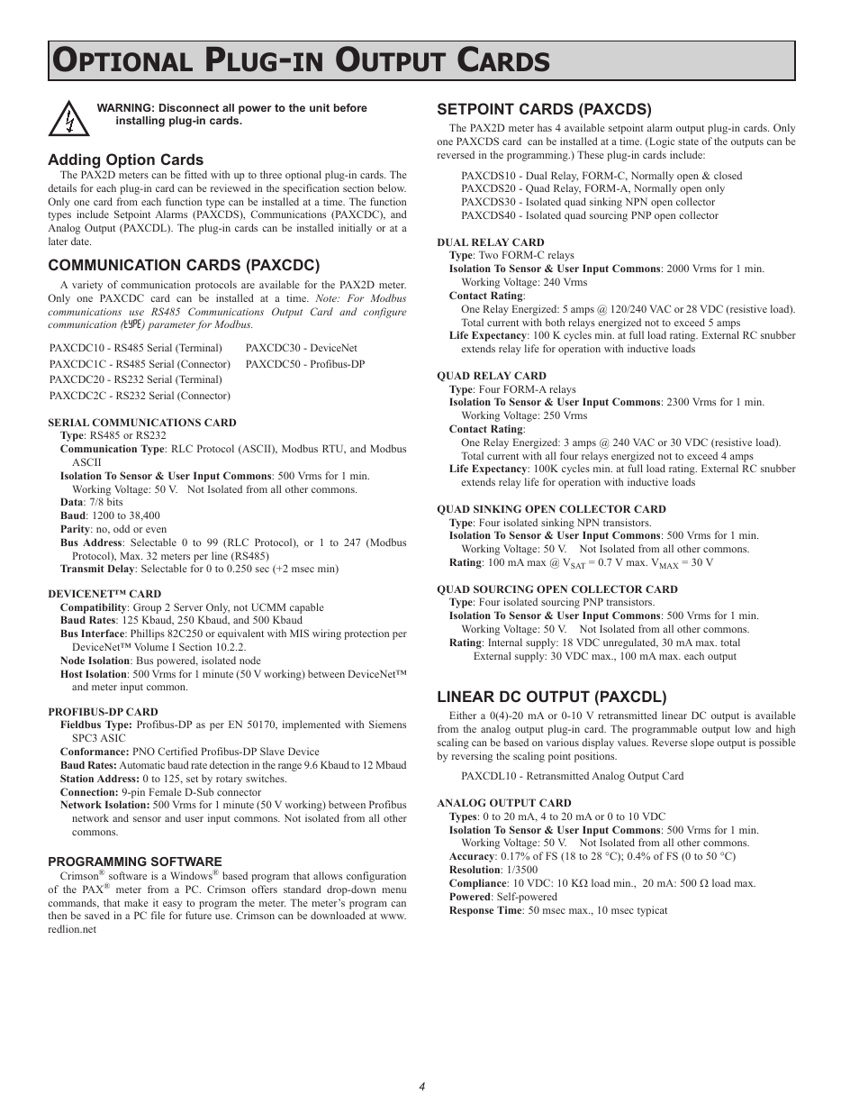 Ptional, Utput, Ards | Red Lion PAX2D User Manual | Page 4 / 36