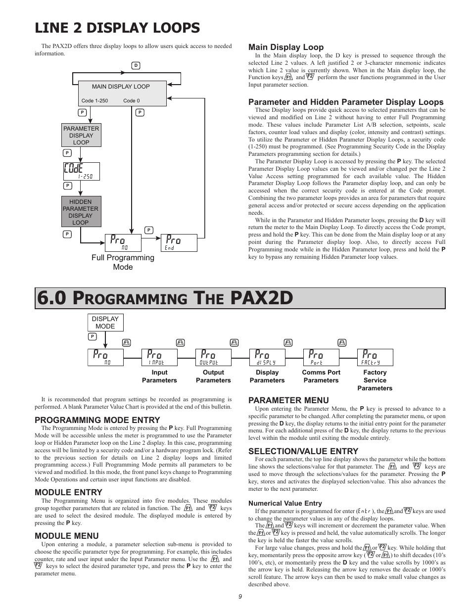 Pax2d, Rogramming, Line 2 display loops | Code, Main display loop, Parameter and hidden parameter display loops, Programming mode entry, Module entry, Module menu, Parameter menu | Red Lion PAX2D User Manual | Page 9 / 36