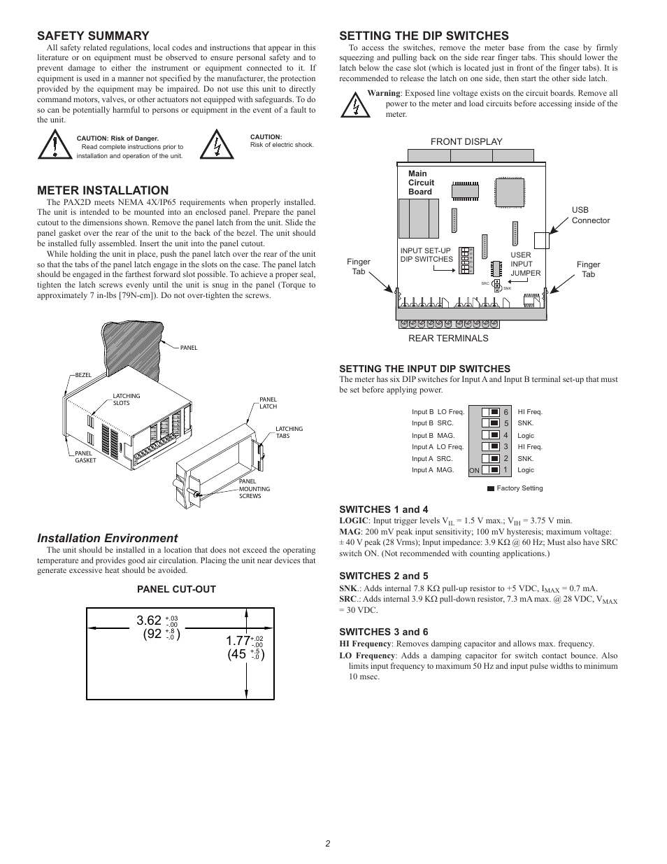 Safety summary, Meter installation, Installation environment | Setting the dip switches | Red Lion PAX2D User Manual | Page 2 / 4