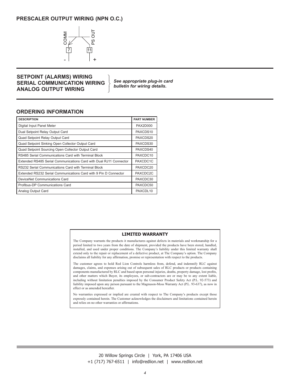 Ordering information | Red Lion PAX2D User Manual | Page 4 / 4