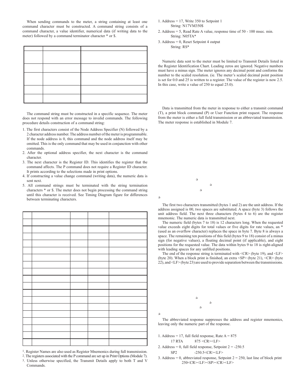 Sending serial commands and data, Command chart, Command string construction | Register identification chart, Command string examples, Transmitting data to the meter, Transmitting data from the meter, Full transmission, Abbreviated transmission, Meter response examples | Red Lion PAXDR User Manual | Page 23 / 32