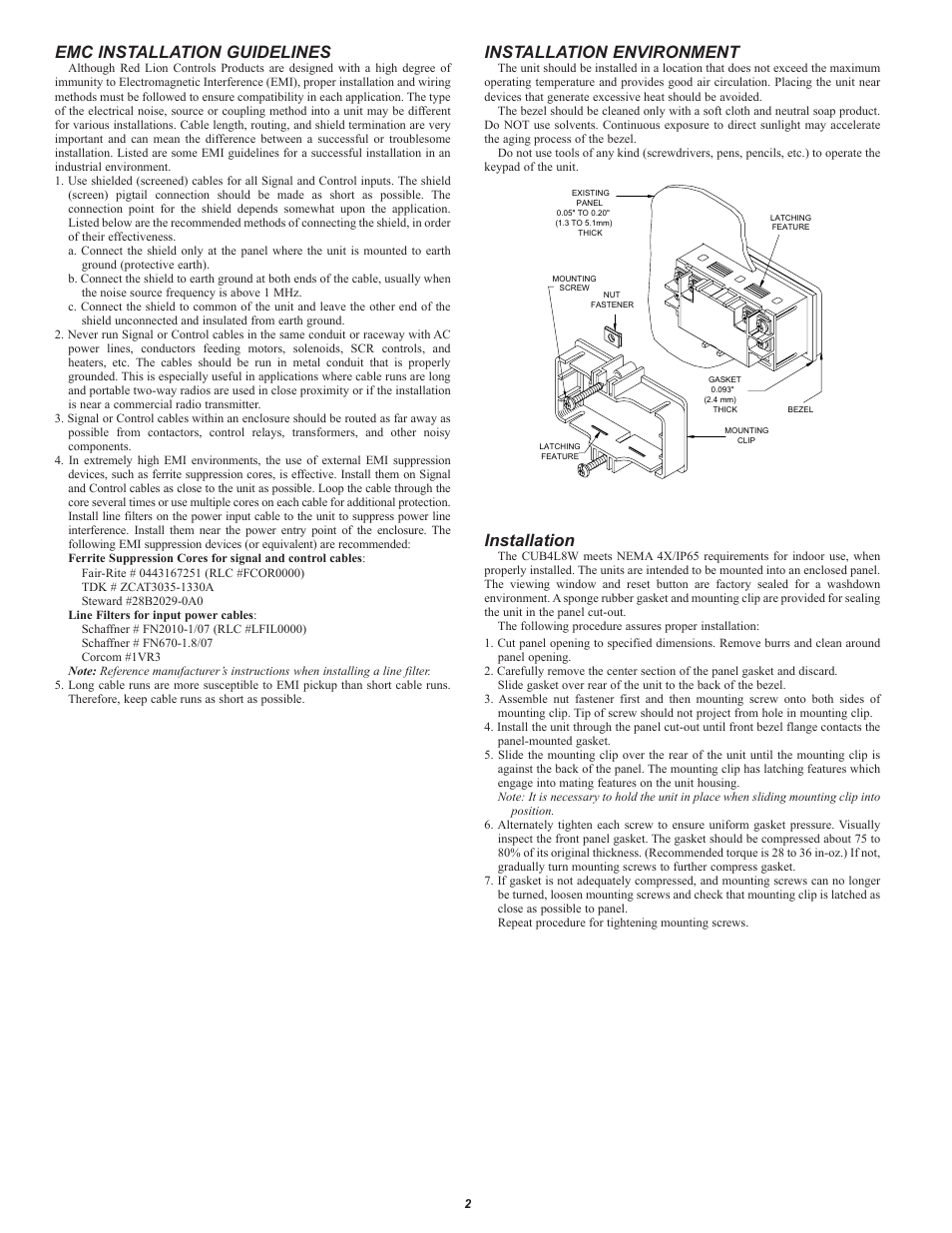 Emc installation guidelines, Installation environment, Installation | Red Lion CUB4L User Manual | Page 2 / 4