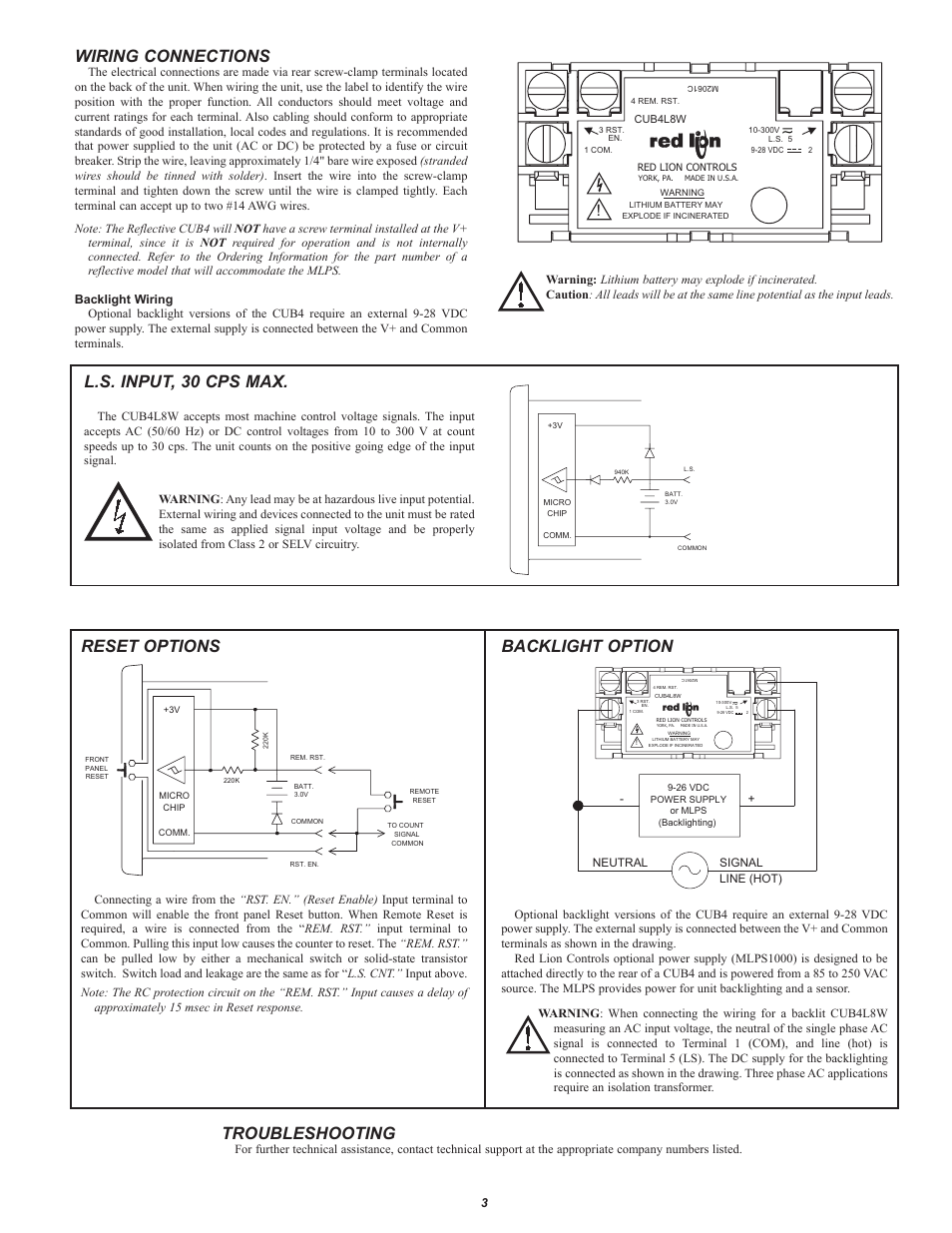 Wiring connections, L.s. input, 30 cps max, Troubleshooting | Reset options, Backlight option | Red Lion CUB4L User Manual | Page 3 / 4