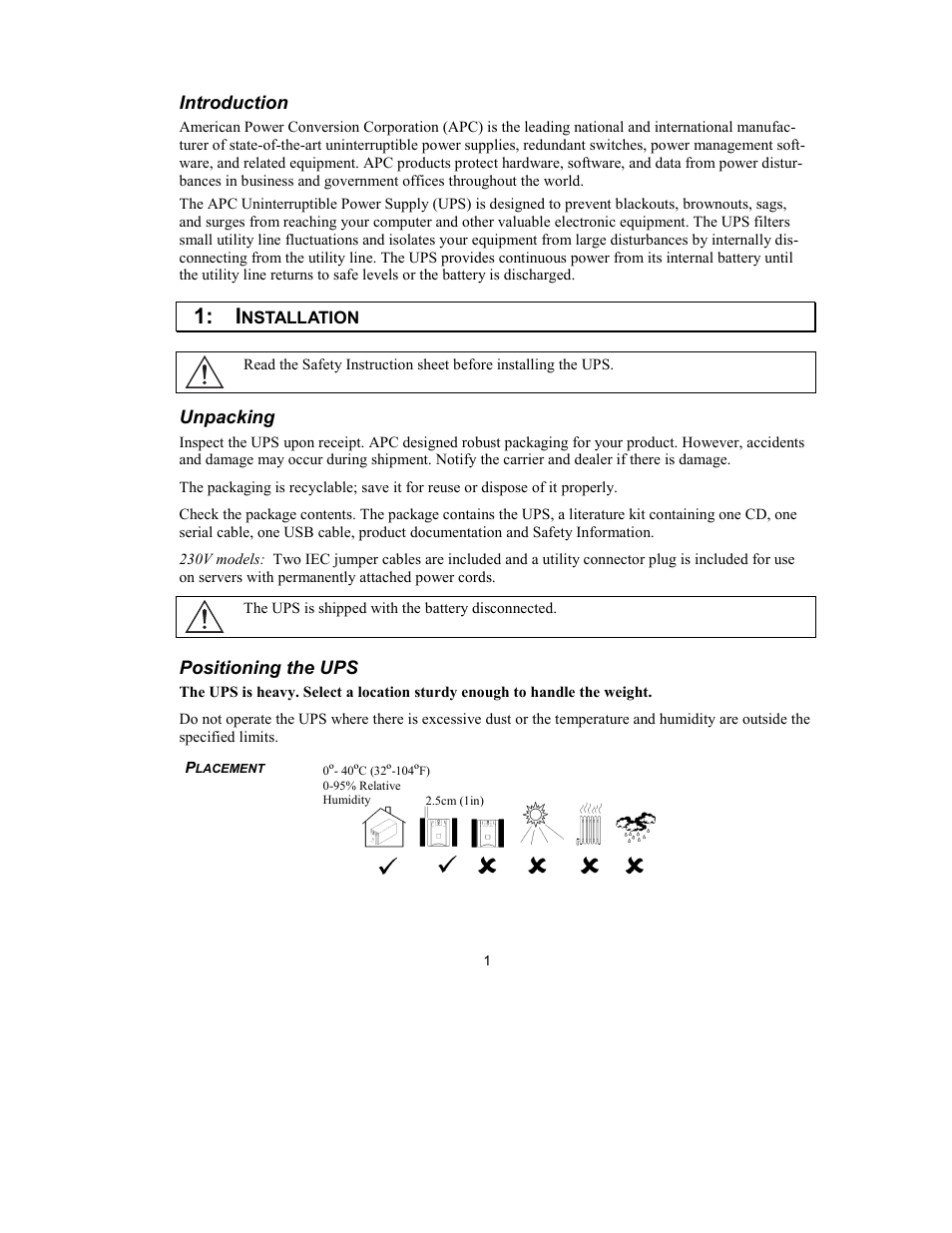 Introduction, Unpacking, Positioning the ups | American Power Conversion 750XL User Manual | Page 3 / 18